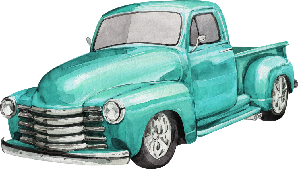 Watercolor Vintage blue teal pickup truck clipart